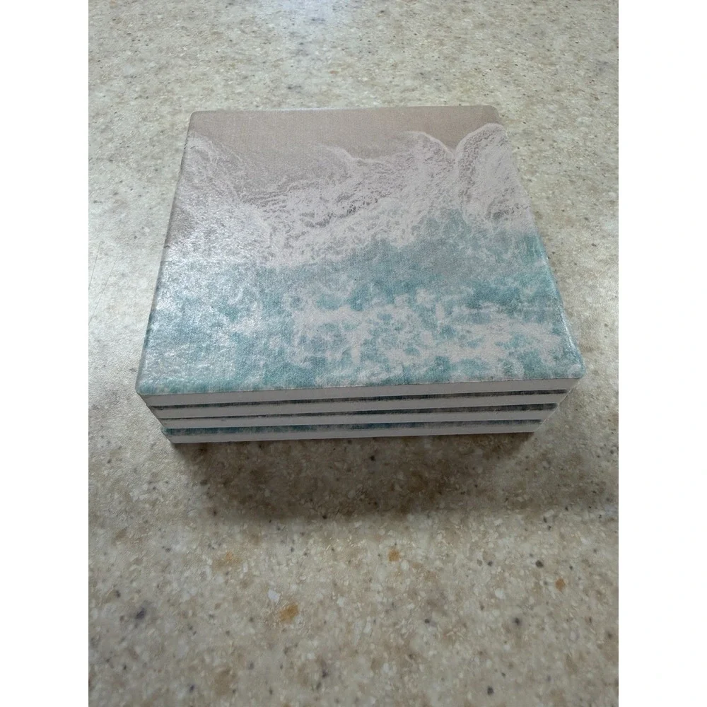 Thirstystone Crashing Tides Stone Coasters Set of 4 Ocean Waves Cork Back 4